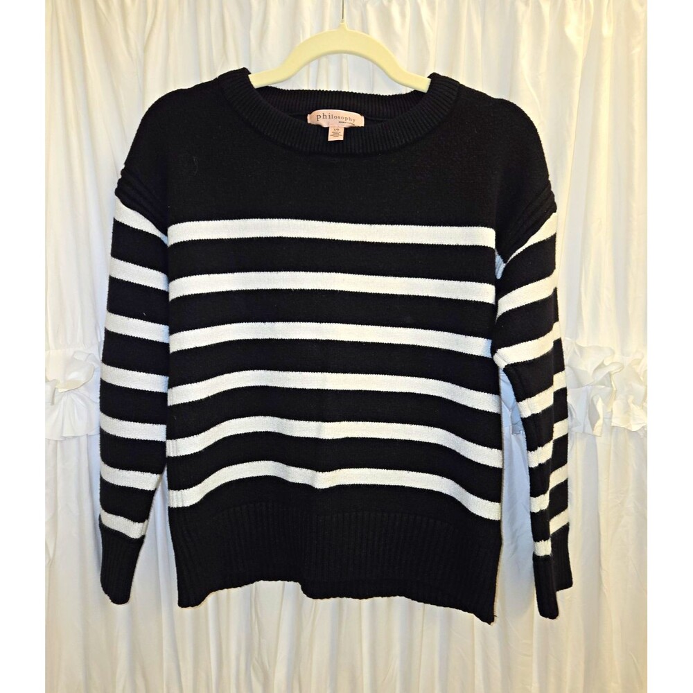 Philosophy Black White Striped Crew Neck Long Sleeve Knit Pullover Sweater L